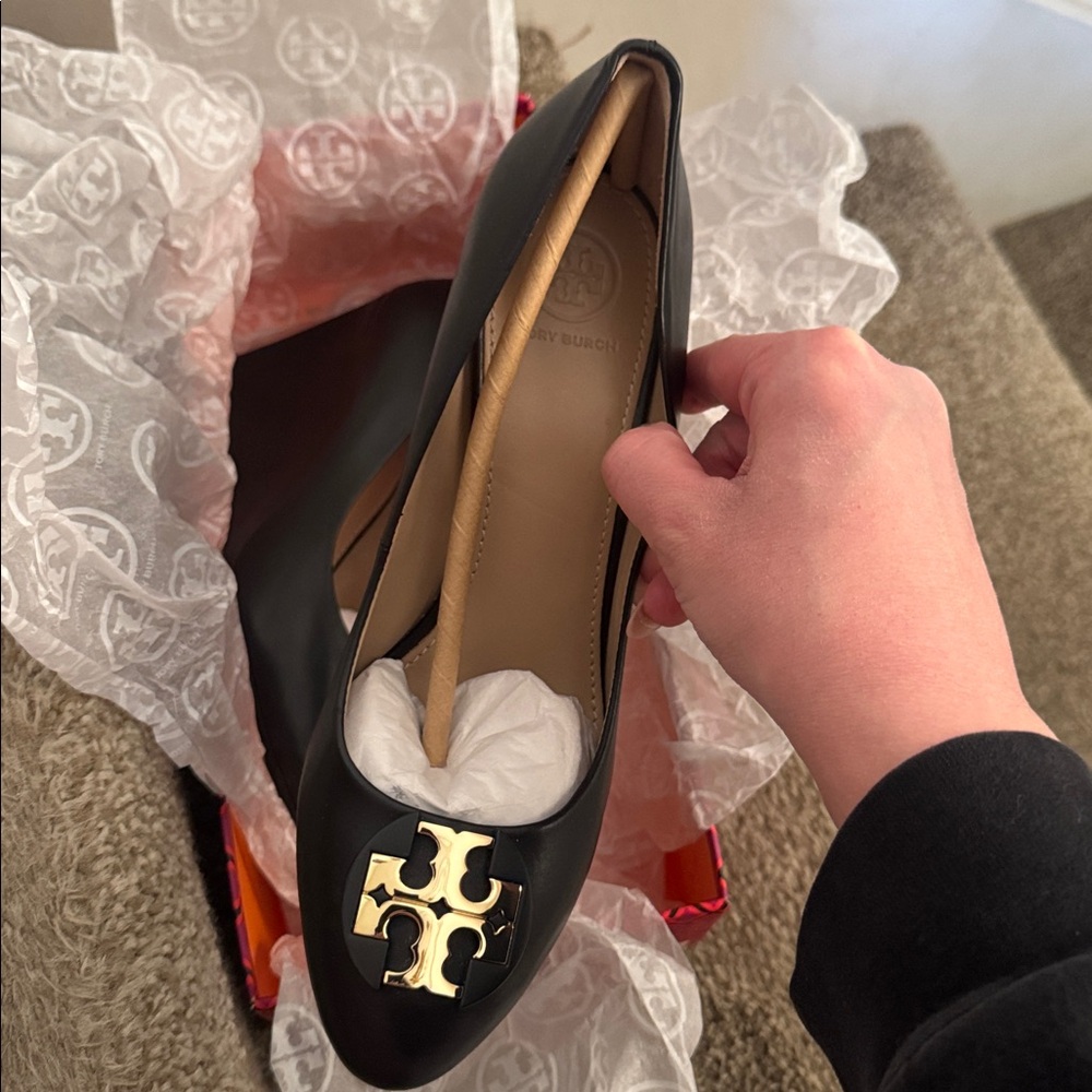 Brand new Tory Burch Luna 85MM Wedge Calf Leather Black Heels with Gold Logo